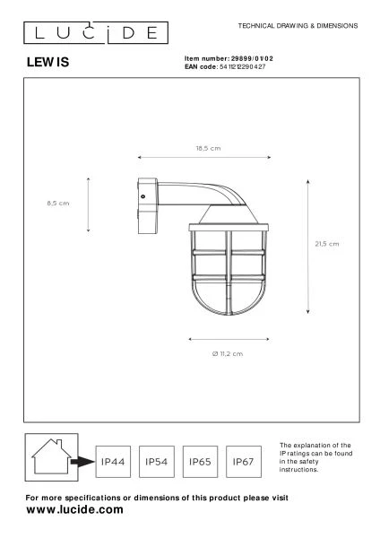 Lucide LEWIS - Wall light Indoor/Outdoor - 1xE27 - IP44 - Matt Gold / Brass - technical